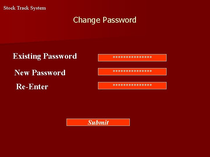 Stock Track System Change Password Existing Password ******** New Password ******** Re-Enter ******** Submit Stock Track System Change Password Existing Password ******** New Password ******** Re-Enter ******** Submit
