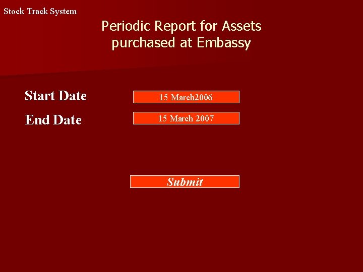 Stock Track System Periodic Report for Assets purchased at Embassy Start Date 15 March Stock Track System Periodic Report for Assets purchased at Embassy Start Date 15 March