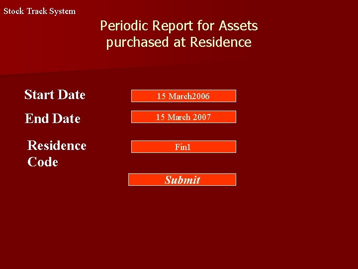 Stock Track System Periodic Report for Assets purchased at Residence Start Date 15 March Stock Track System Periodic Report for Assets purchased at Residence Start Date 15 March