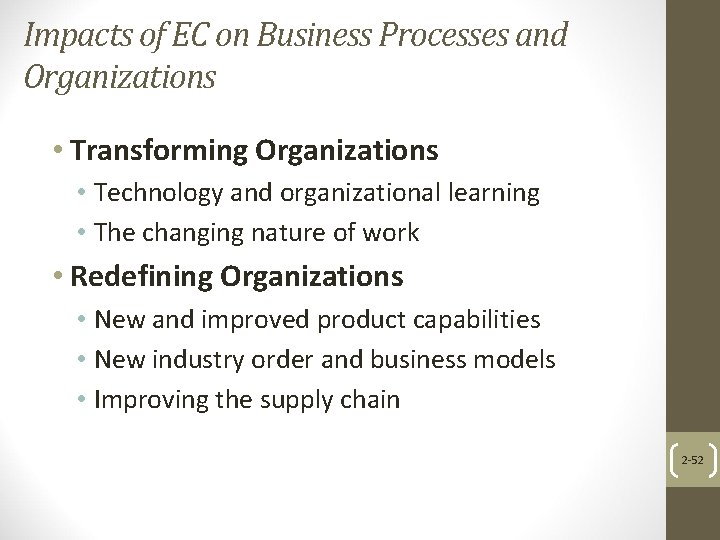 Impacts of EC on Business Processes and Organizations • Transforming Organizations • Technology and