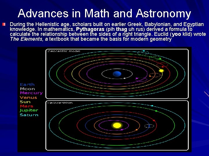 Advances in Math and Astronomy During the Hellenistic age, scholars built on earlier Greek,
