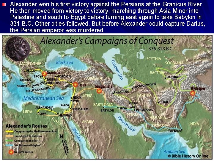 Alexander won his first victory against the Persians at the Granicus River. He then