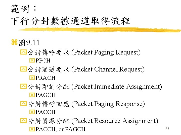 範例： 下行分封數據通道取得流程 z圖 9. 11 y分封傳呼要求 (Packet Paging Request) x. PPCH y分封通道要求 (Packet Channel