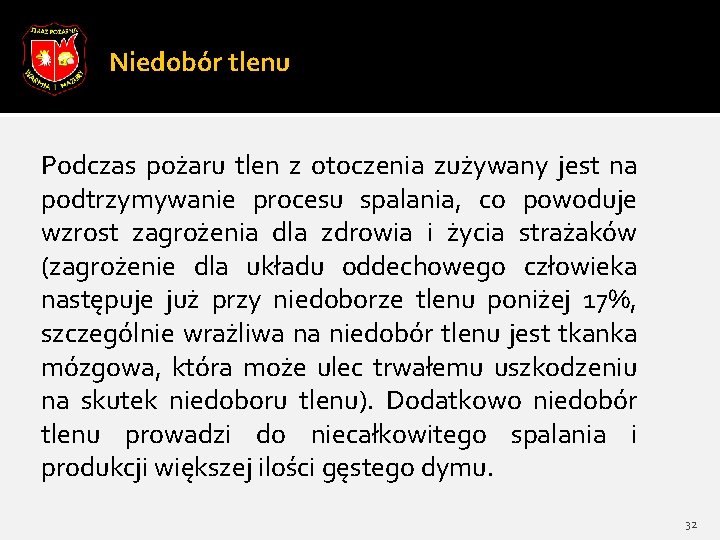 Niedobór tlenu Podczas pożaru tlen z otoczenia zużywany jest na podtrzymywanie procesu spalania, co