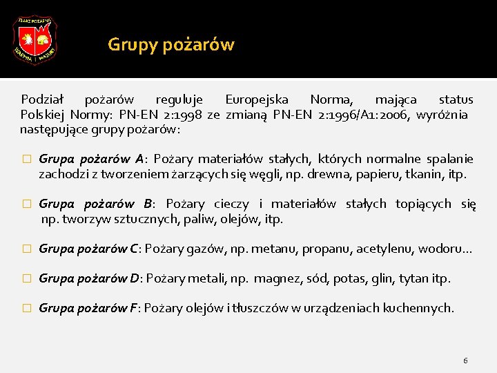 Grupy pożarów Podział pożarów reguluje Europejska Norma, mająca status Polskiej Normy: PN-EN 2: 1998