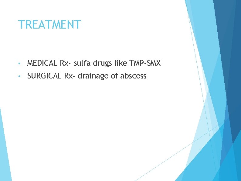 TREATMENT • MEDICAL Rx- sulfa drugs like TMP-SMX • SURGICAL Rx- drainage of abscess