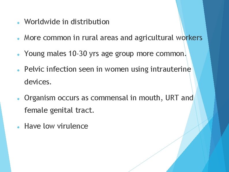  Worldwide in distribution More common in rural areas and agricultural workers Young males