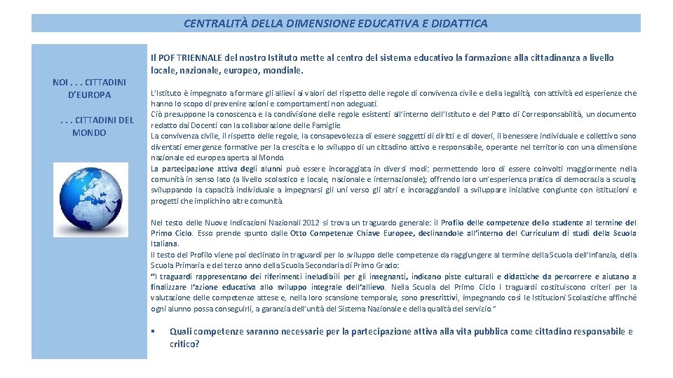 CENTRALITÀ DELLA DIMENSIONE EDUCATIVA E DIDATTICA NOI. . . CITTADINI D’EUROPA . . .