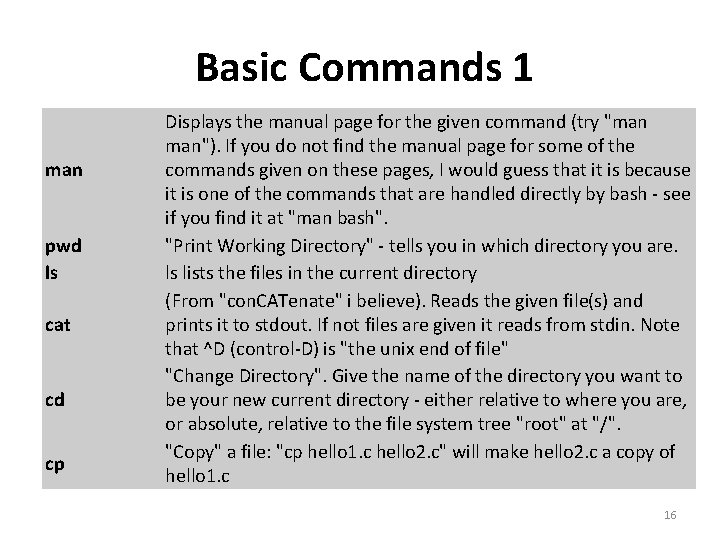 Basic Commands 1 man pwd ls cat cd cp Displays the manual page Basic Commands 1 man pwd ls cat cd cp Displays the manual page