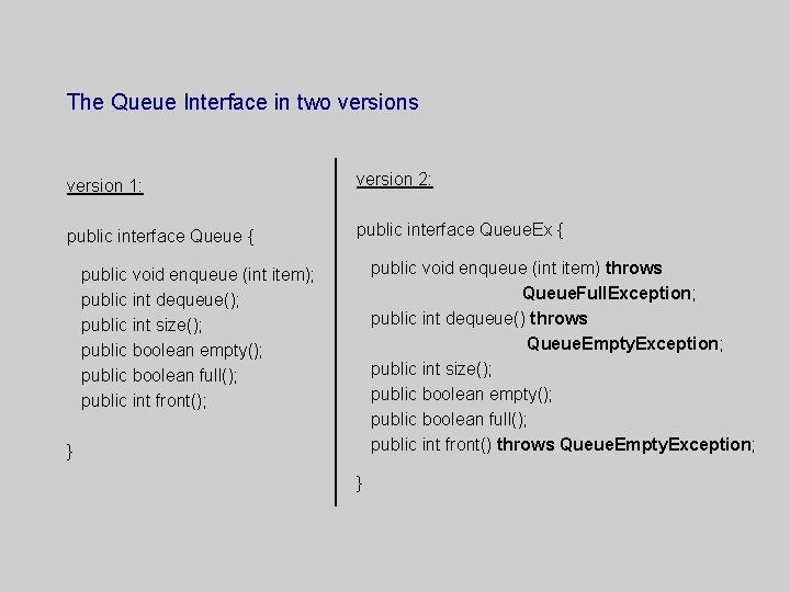 The Queue Interface in two versions version 1: version 2: public interface Queue {
