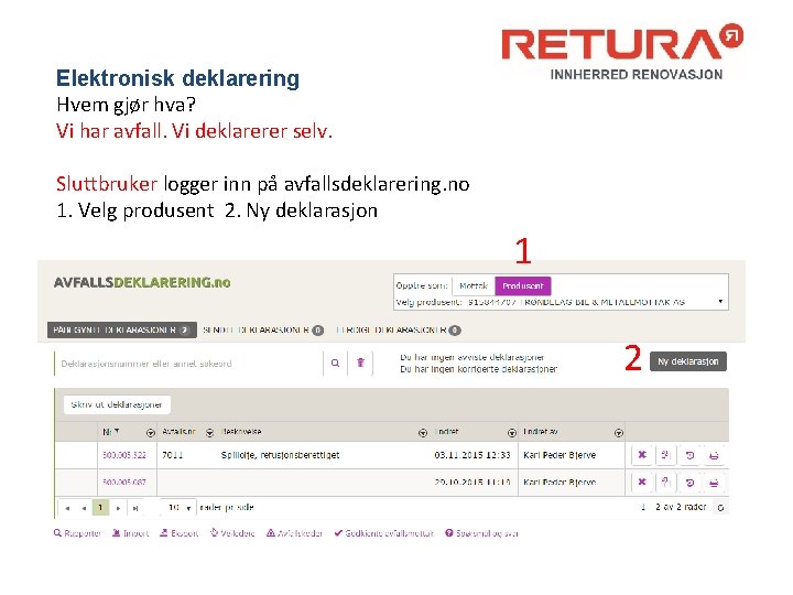 Elektronisk deklarering Hvem gjør hva? Vi har avfall. Vi deklarerer selv. Sluttbruker logger inn