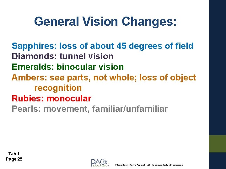 General Vision Changes: Sapphires: loss of about 45 degrees of field Diamonds: tunnel vision