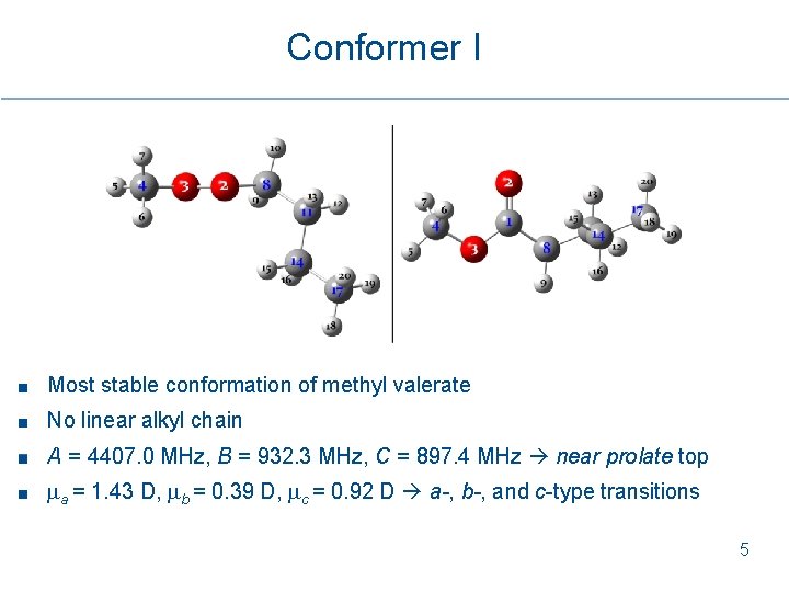 Conformer I Most stable conformation of methyl valerate No linear alkyl chain A = Conformer I Most stable conformation of methyl valerate No linear alkyl chain A =