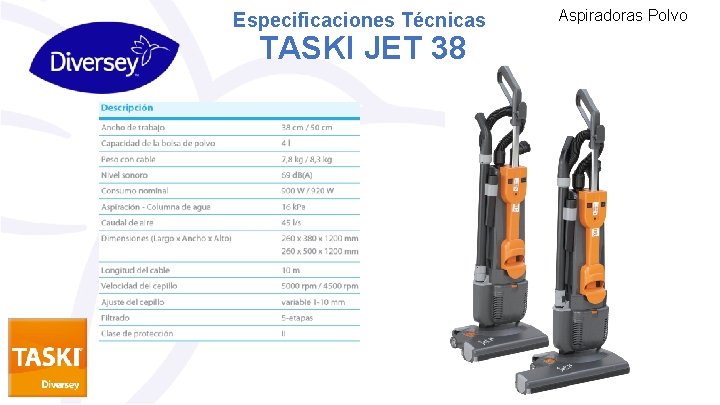 Especificaciones Técnicas TASKI JET 38 Aspiradoras Polvo 