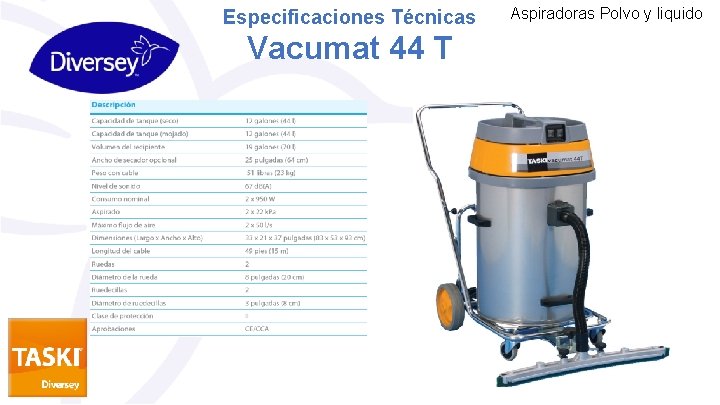 Especificaciones Técnicas Aspiradoras Polvo y liquido Vacumat 44 T 