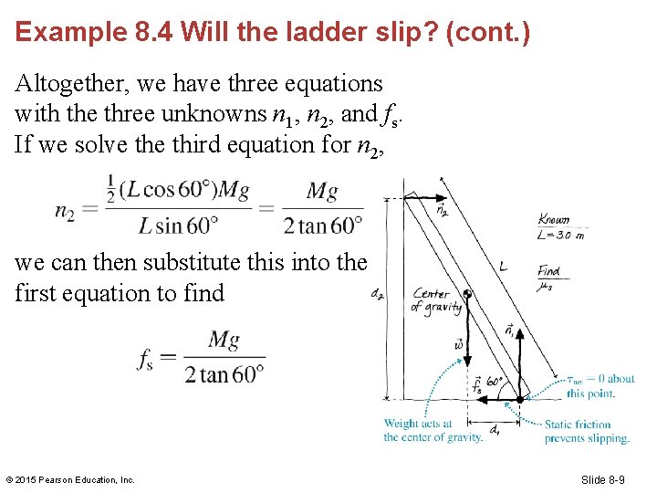 Example 8. 4 Will the ladder slip? (cont. ) Altogether, we have three equations