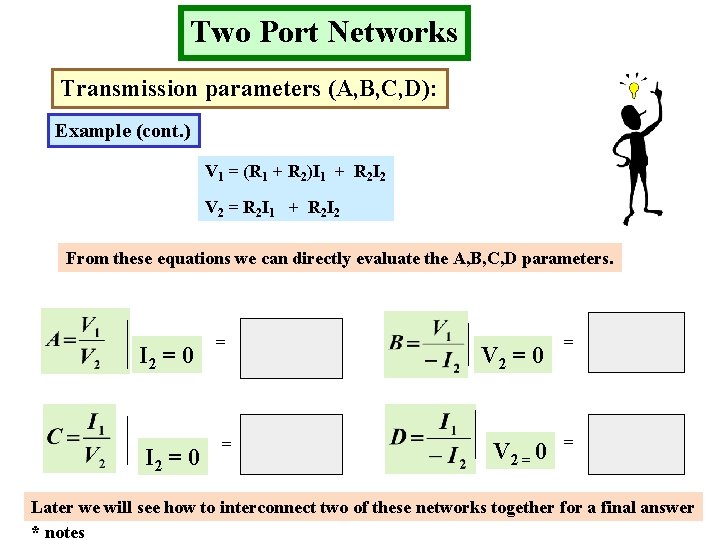 Two Port Networks Transmission parameters (A, B, C, D): Example (cont. ) V 1