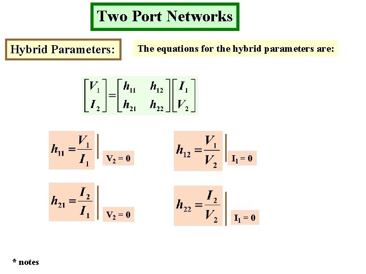 Two Port Networks Hybrid Parameters: V 2 = 0 * notes The equations for