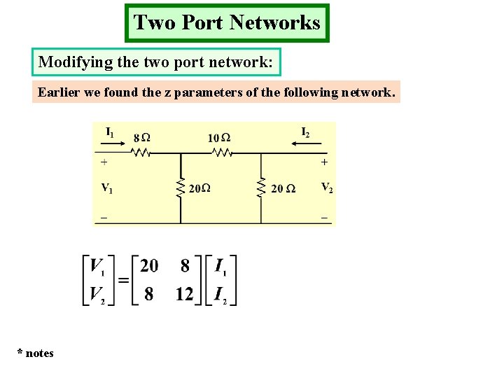 Two Port Networks Modifying the two port network: Earlier we found the z parameters