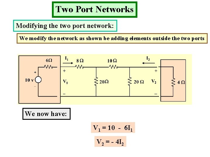 Two Port Networks Modifying the two port network: We modify the network as shown