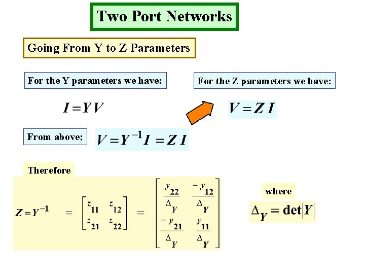 Two Port Networks Going From Y to Z Parameters For the Y parameters we
