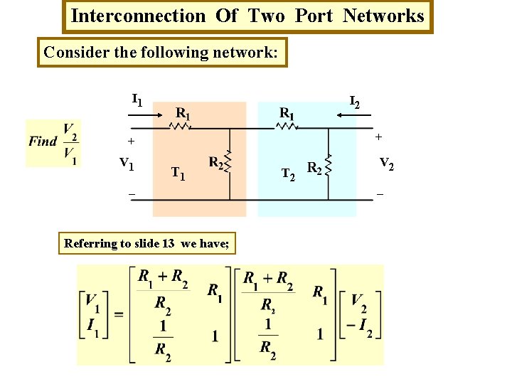 Interconnection Of Two Port Networks Consider the following network: I 1 I 2 +