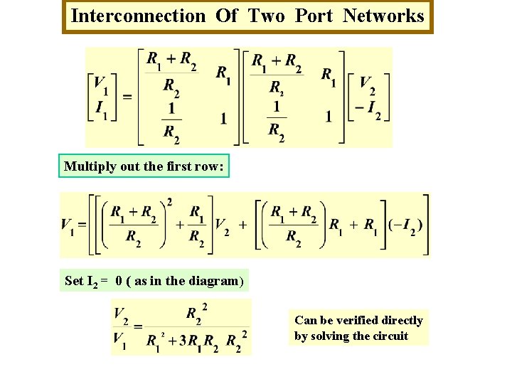 Interconnection Of Two Port Networks Multiply out the first row: Set I 2 =