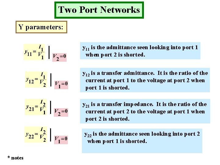 Two Port Networks Y parameters: y 11 is the admittance seen looking into port