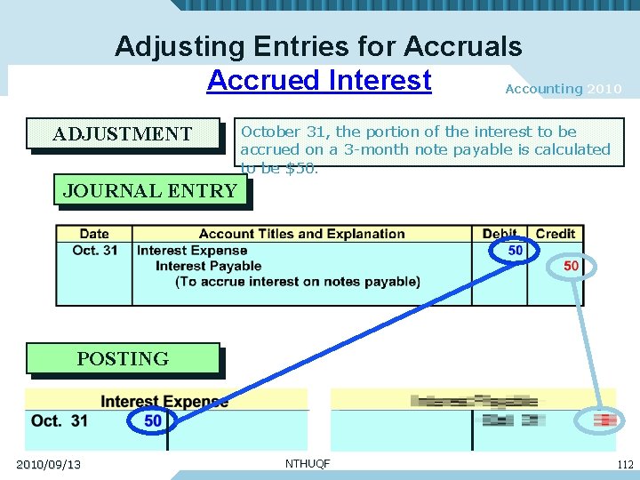 Adjusting Entries for Accruals Accrued Interest Accounting 2010 ADJUSTMENT October 31, the portion of