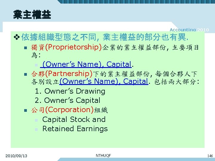 業主權益 Accounting 2010 v 依據組織型態之不同, 業主權益的部分也有異. n n n 2010/09/13 獨資(Proprietorship)企業的業主權益部份, 主要項目 為: n