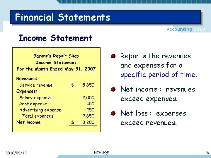 Financial Statements Accounting 2010 Income Statement Reports the revenues and expenses for a specific