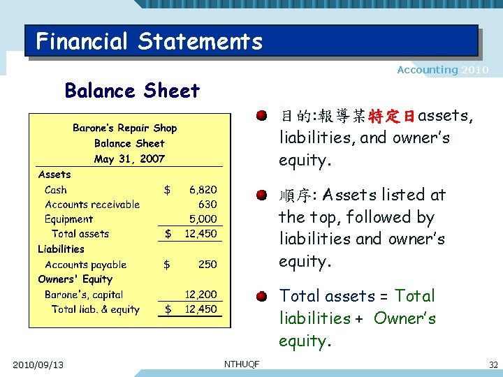 Financial Statements Accounting 2010 Balance Sheet 目的: 報導某特定日assets, liabilities, and owner’s equity. 順序: Assets