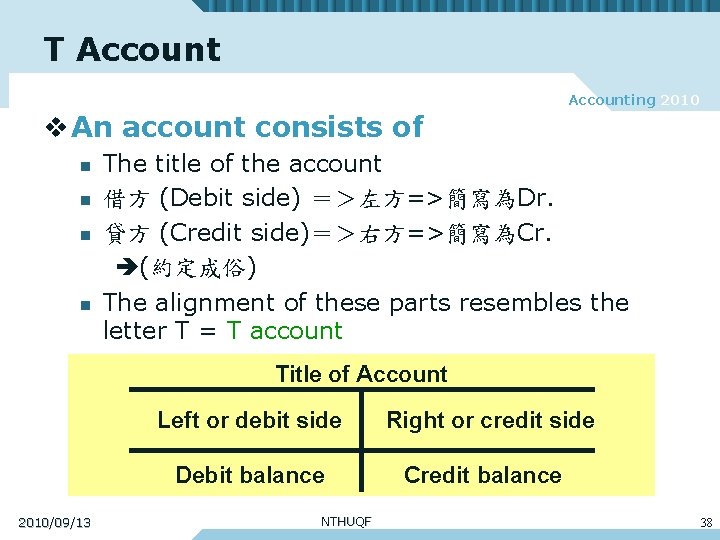 T Accounting 2010 v An account consists of n n The title of the