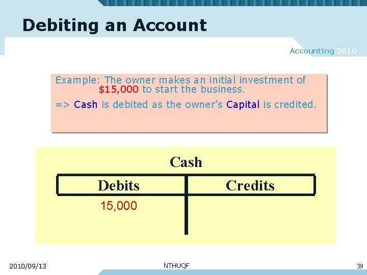 Debiting an Accounting 2010 Example: The owner makes an initial investment of $15, 000