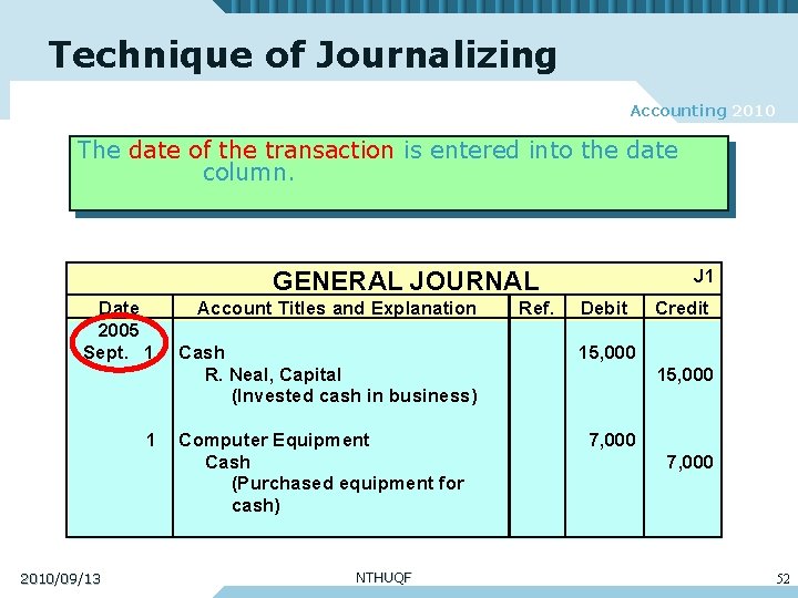 Technique of Journalizing Accounting 2010 The date of the transaction is entered into the