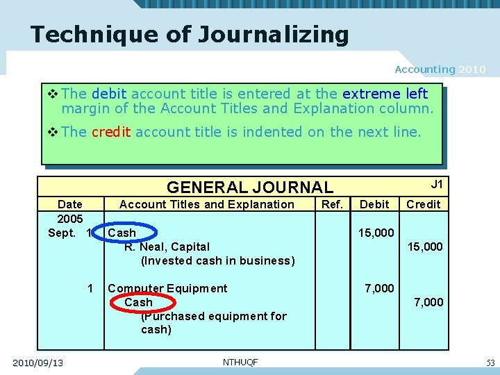 Technique of Journalizing Accounting 2010 v The debit account title is entered at the