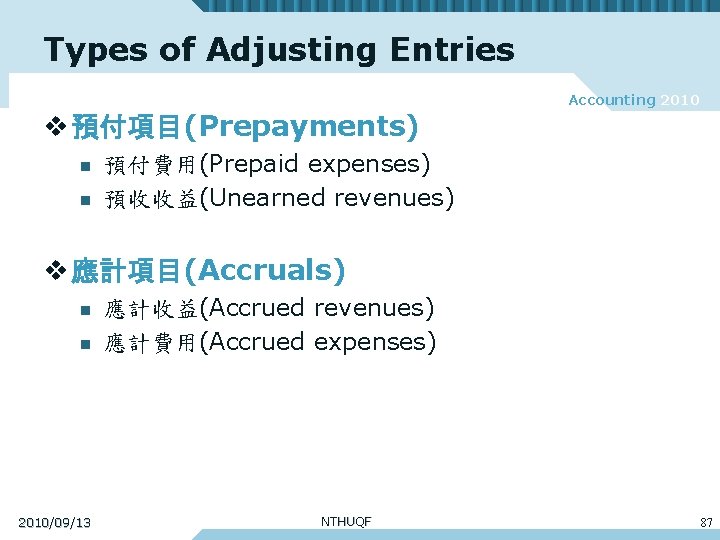 Types of Adjusting Entries Accounting 2010 v 預付項目(Prepayments) n n 預付費用(Prepaid expenses) 預收收益(Unearned revenues)