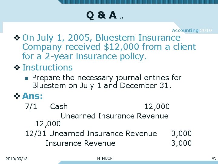 Q&A 30 Accounting 2010 v On July 1, 2005, Bluestem Insurance Company received $12,