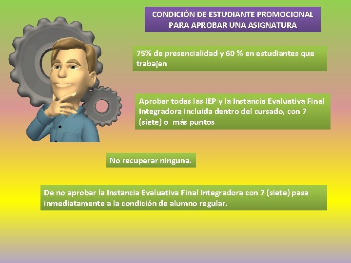 CONDICIÓN DE ESTUDIANTE PROMOCIONAL PARA APROBAR UNA ASIGNATURA 75% de presencialidad y 60 %