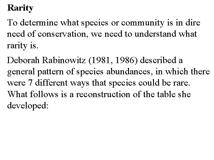 Rarity To determine what species or community is in dire need of conservation, we