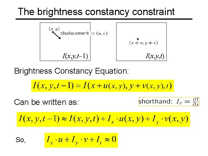 The brightness constancy constraint I(x, y, t– 1) Brightness Constancy Equation: Can be written