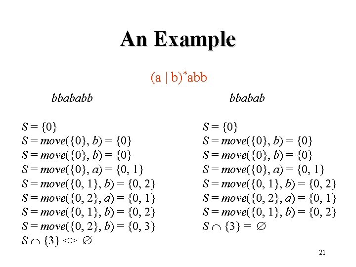 An Example (a | b)*abb bbababb S = {0} S = move({0}, b) =