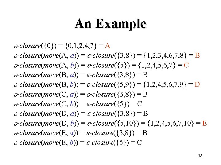 An Example -closure({0}) = {0, 1, 2, 4, 7} = A -closure(move(A, a)) =