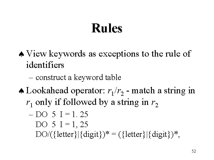 Rules ª View keywords as exceptions to the rule of identifiers – construct a