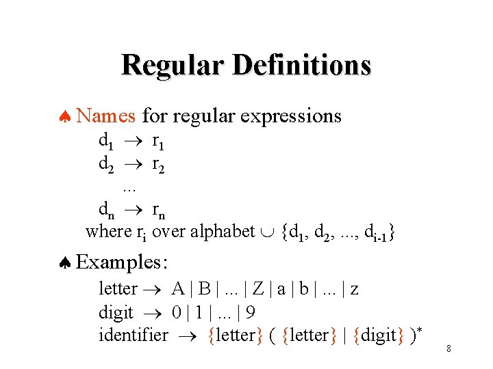 Regular Definitions ª Names for regular expressions d 1 r 1 d 2 r