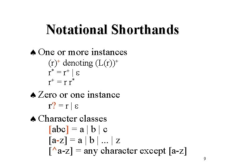 Notational Shorthands ª One or more instances (r)+ denoting (L(r))+ r* = r +