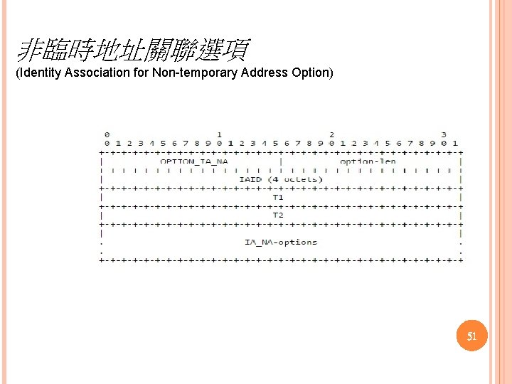 非臨時地址關聯選項 (Identity Association for Non temporary Address Option) 51 