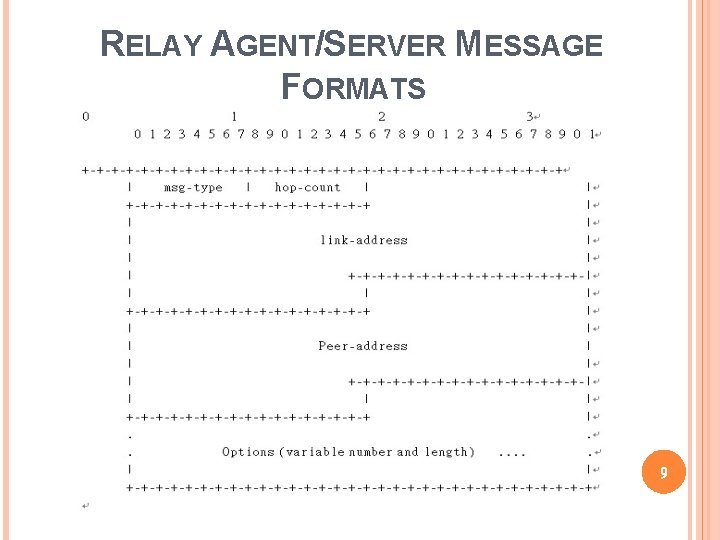 RELAY AGENT/SERVER MESSAGE FORMATS 9 