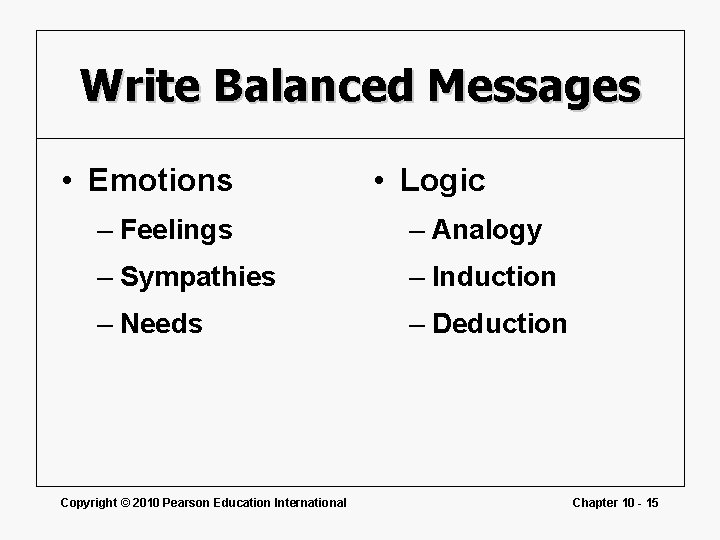 Write Balanced Messages • Emotions • Logic – Feelings – Analogy – Sympathies –