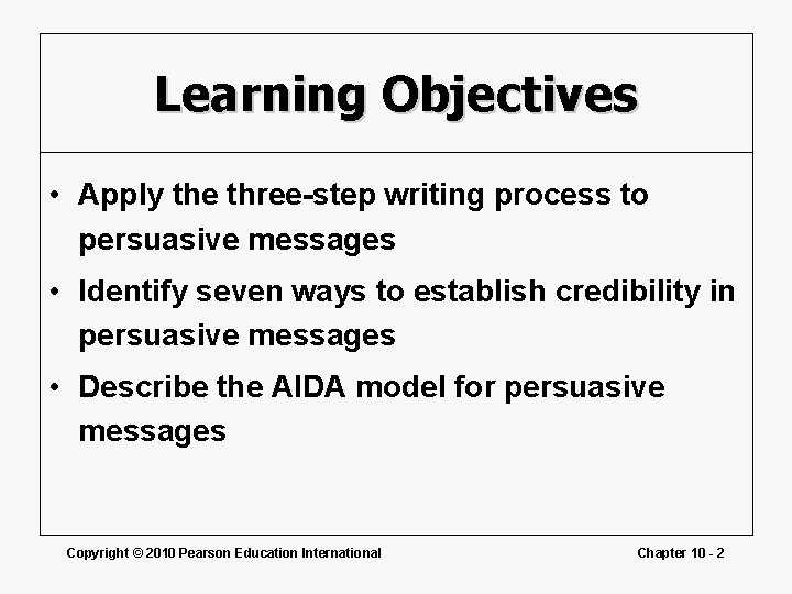 Learning Objectives • Apply the three-step writing process to persuasive messages • Identify seven